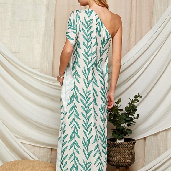 LEAF PRINT ONE SHOULDER SATIN MAXI DRESS - Picture 5 of 7